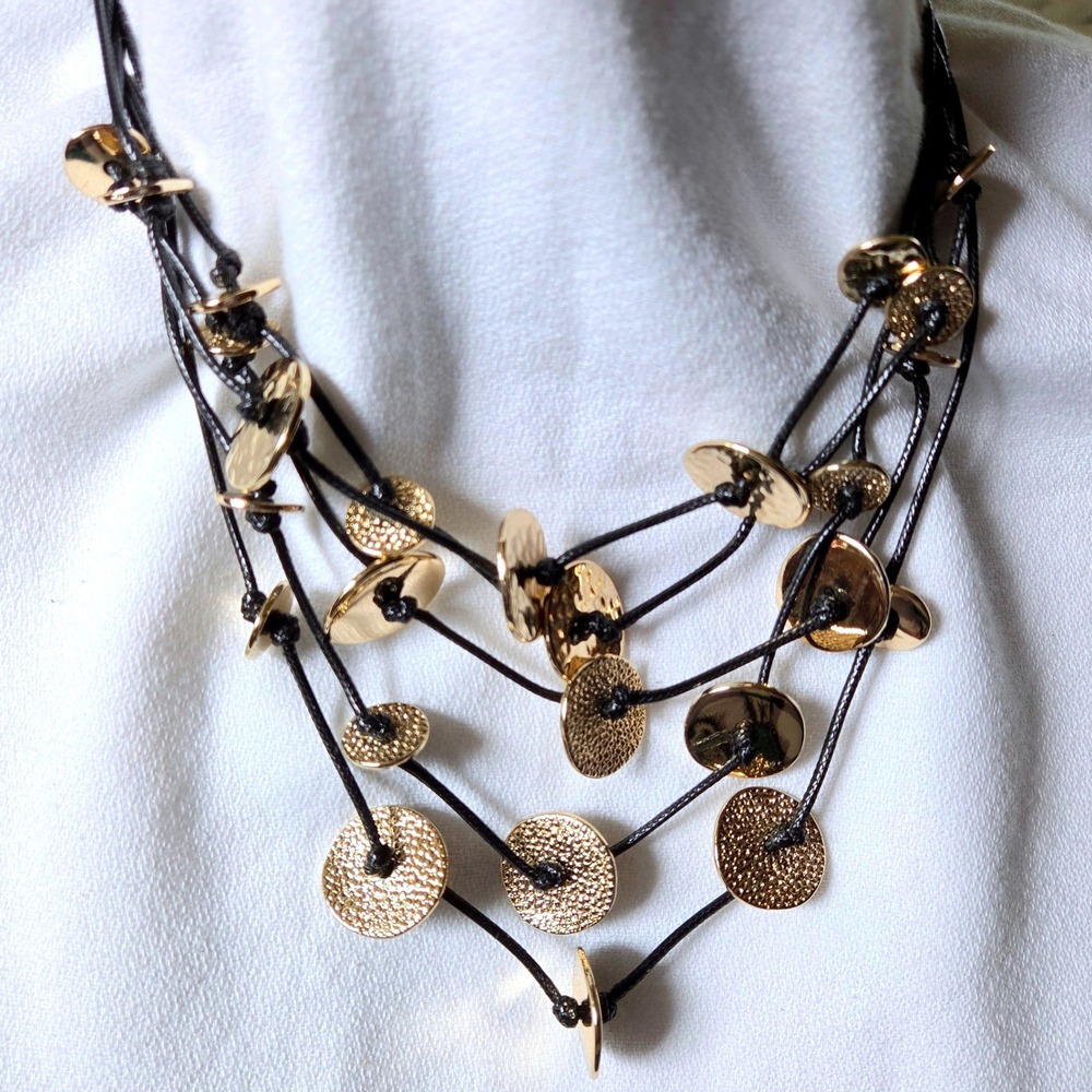 Chico's Necklace 20-28" Gold Corded Disc Multi Statement Hammered Bib NWT